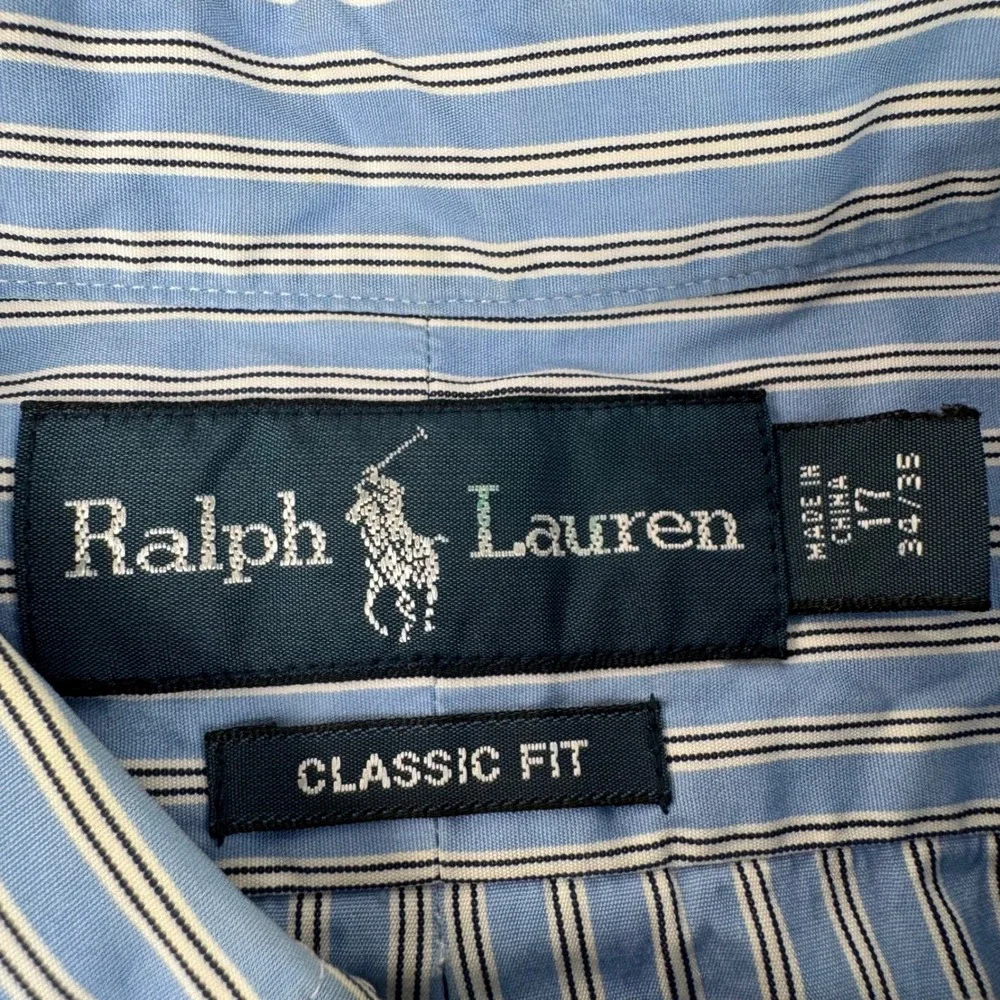 Ralph Lauren Button Down Mens 17 34/35 Blue White Striped Classic Fit Shirt